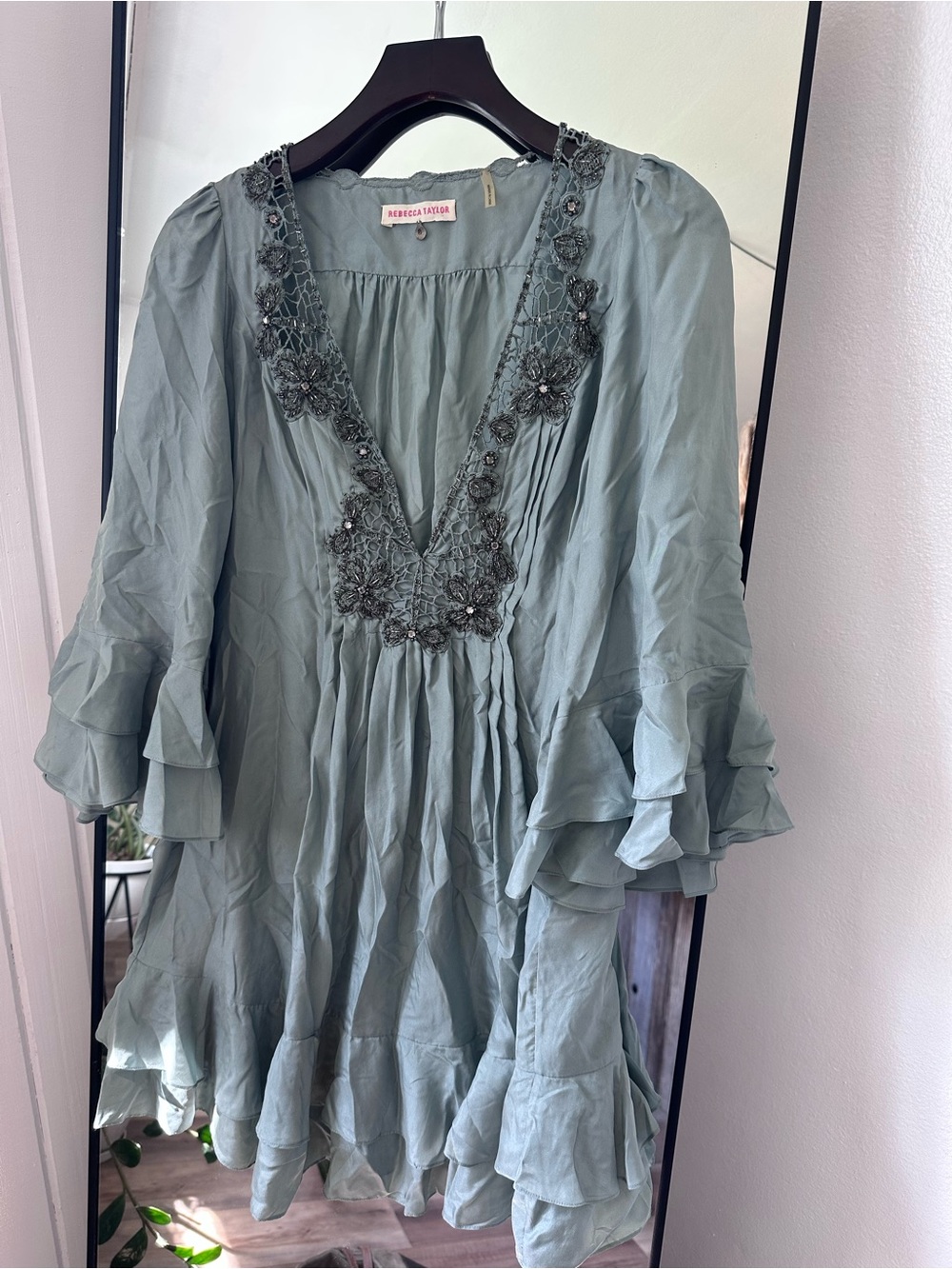 Rebecca Taylor Sage Green Ruffled V-Neck Dress